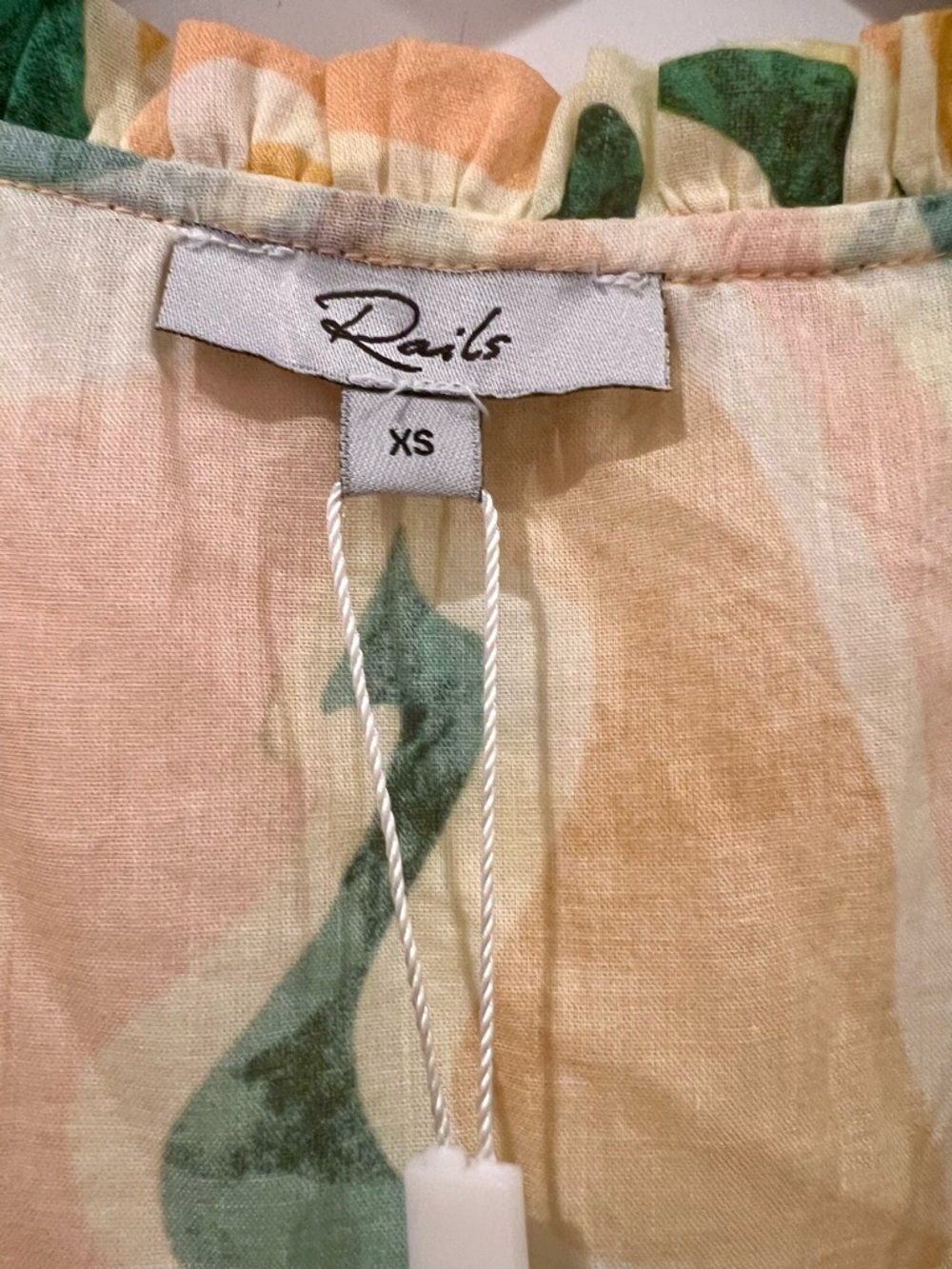 Rails Abstract Floral Ruffle Sleeve Mini Dress XS Peach Green Boho Resort Tiered - Picture 4 of 6